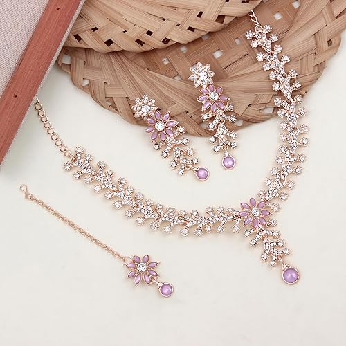 Atasi International Diamond Necklace Jewellery Set for Women with Earrings and Maang Tikka for Wedding, Party, Engagements & Festivals