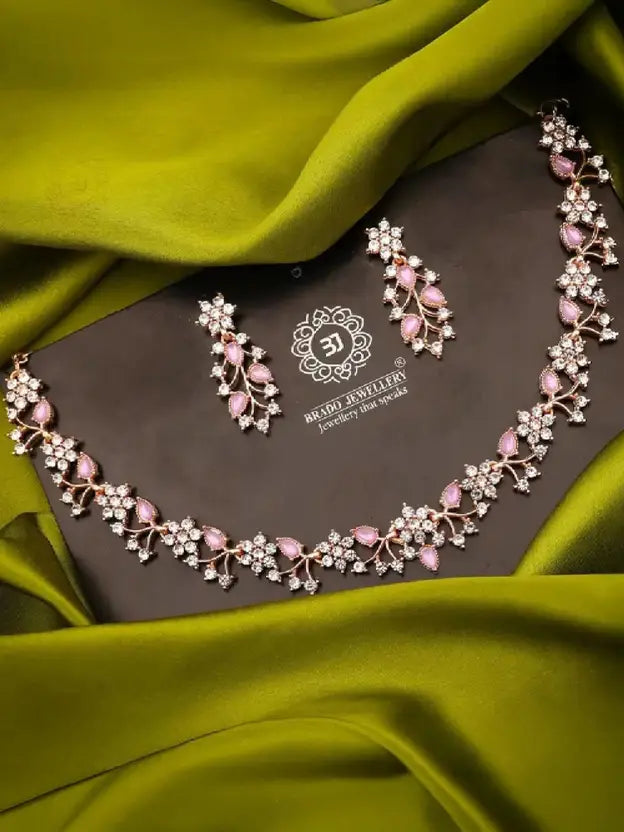 brado jewellery  Brass, Stone, Crystal, Stainless Steel Gold-plated Pink Jewel Set (Pack of 1)