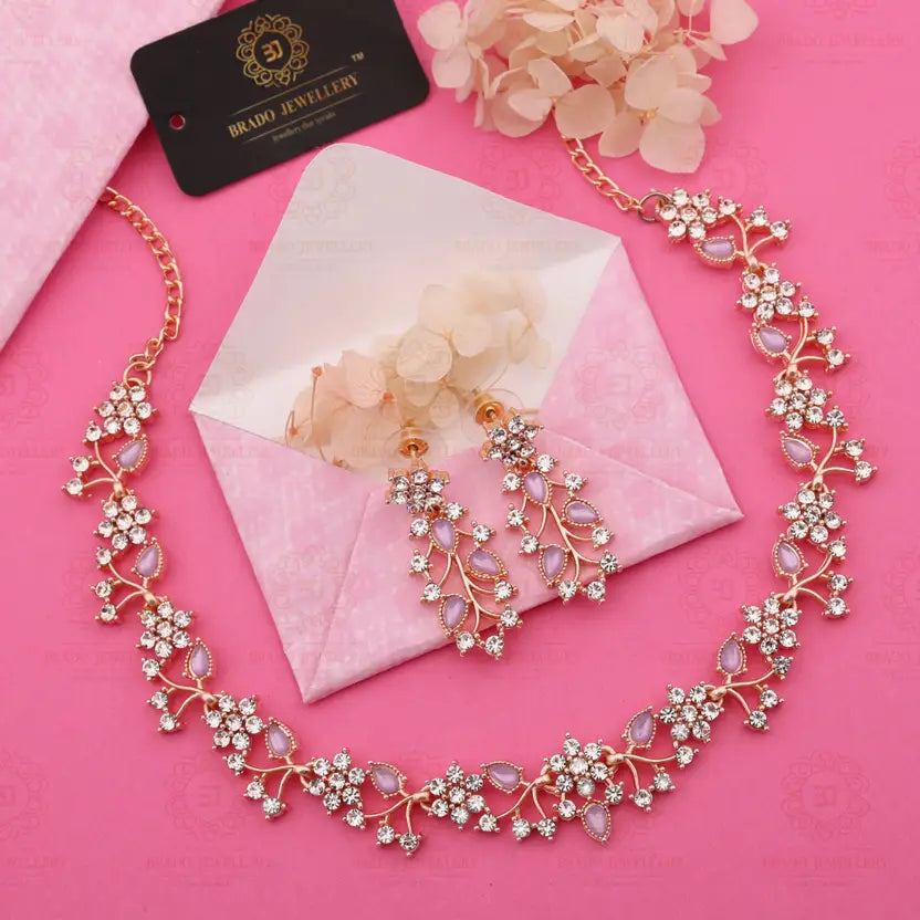 brado jewellery  Brass, Stone, Crystal, Stainless Steel Gold-plated Pink Jewel Set (Pack of 1)