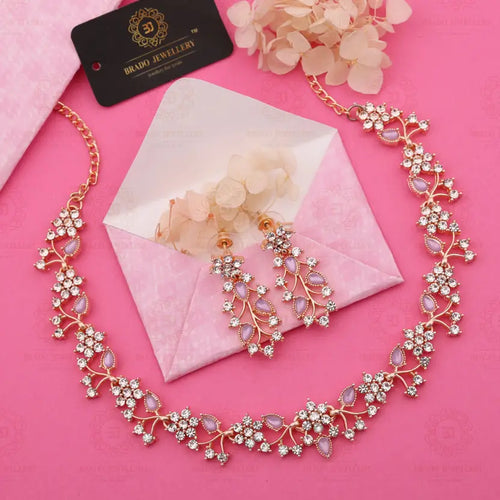 brado jewellery  Brass, Stone, Crystal, Stainless Steel Gold-plated Pink Jewel Set (Pack of 1)