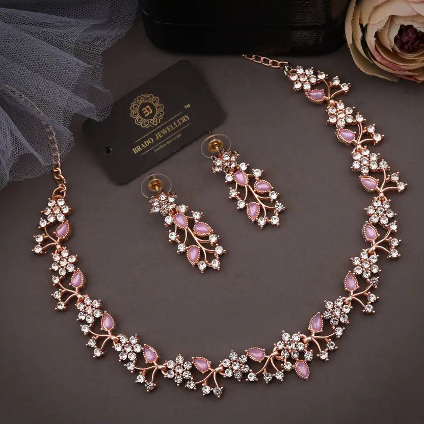 brado jewellery  Brass, Stone, Crystal, Stainless Steel Gold-plated Pink Jewel Set (Pack of 1)